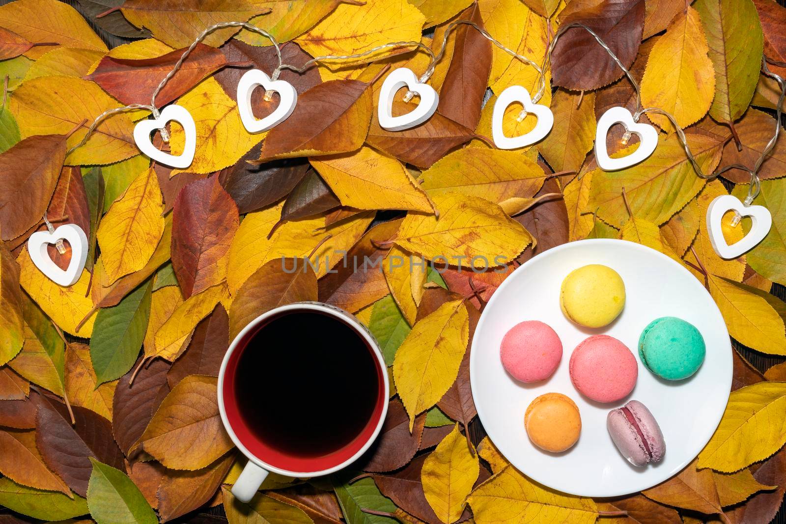 coffee mug and macaroons on yellow autumn leaves. the view from the top. High quality photo