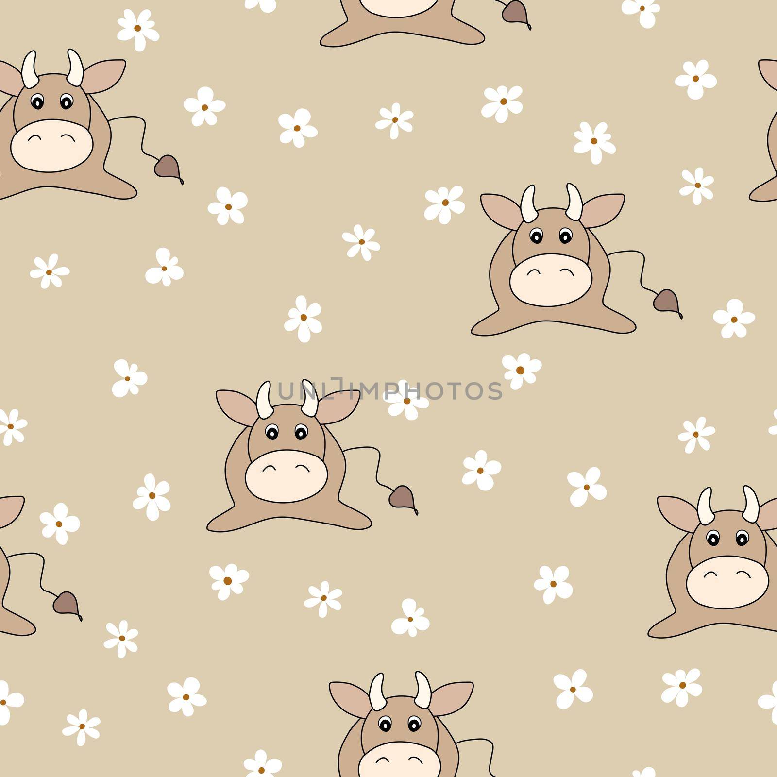 Vector flat animals colorful illustration for kids. Seamless pattern with cute bull and flowers on beige background. Cartoon adorable character. Design for textures, card, poster, fabric, textile.