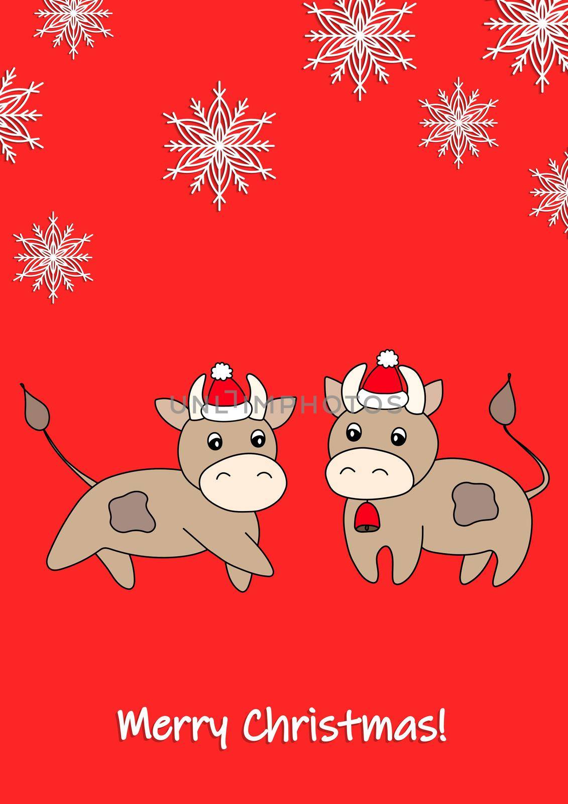 Merry Christmas, holiday, celebration greeting and invitation card, banner, frame, header, postcard. Colorful cute vector with animal and snowflakes on red background. Bull in a winter hat