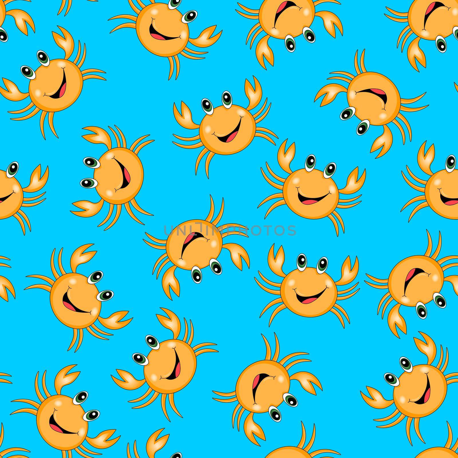 Seamless pattern with cute orange crab on blue background. Vector animals colorful illustration. Adorable character for cards, wallpaper, textile, fabric, kindergarten. Cartoon style