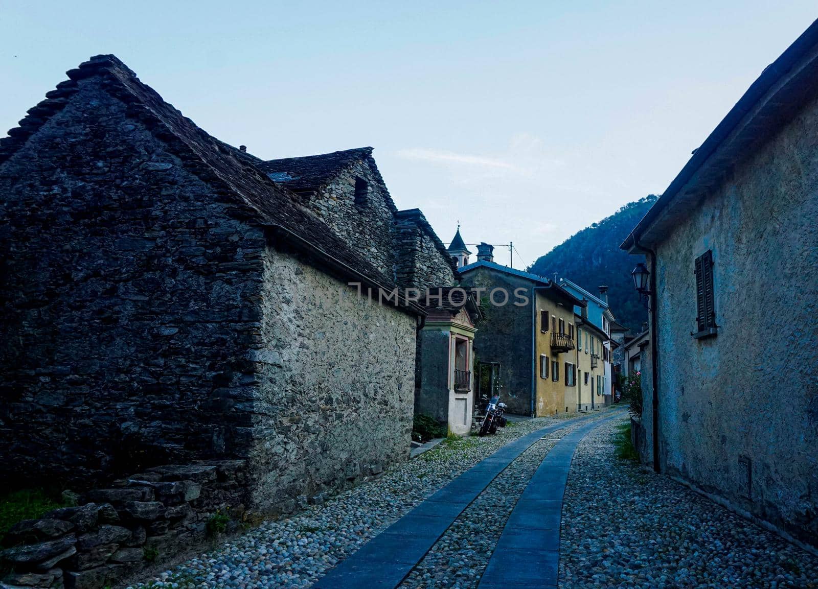 Idyllic street in the village of Avegno, Ticino, Switzerland