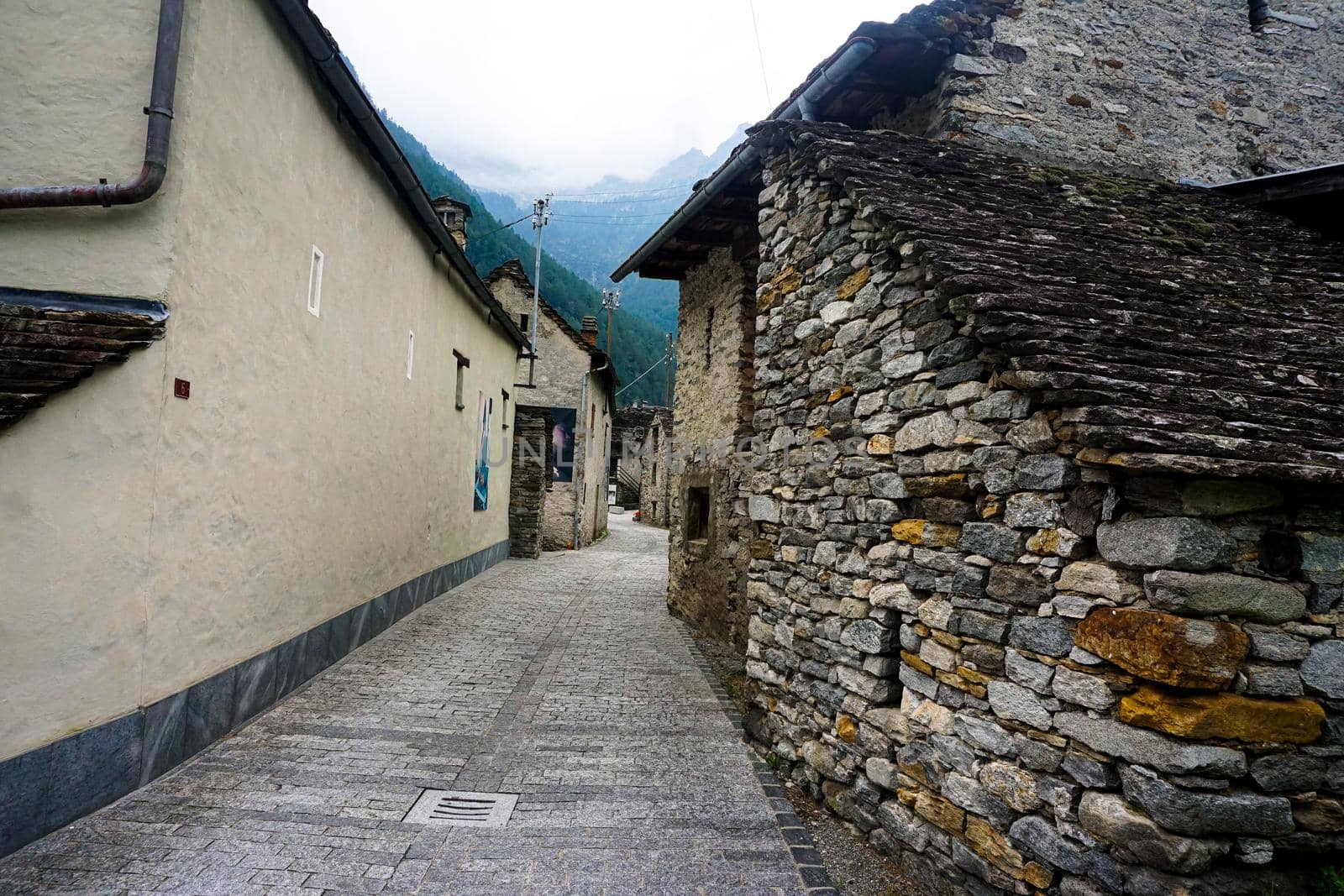 Typical street in the beautiful village of Sonogno, Ticino, Switzerland