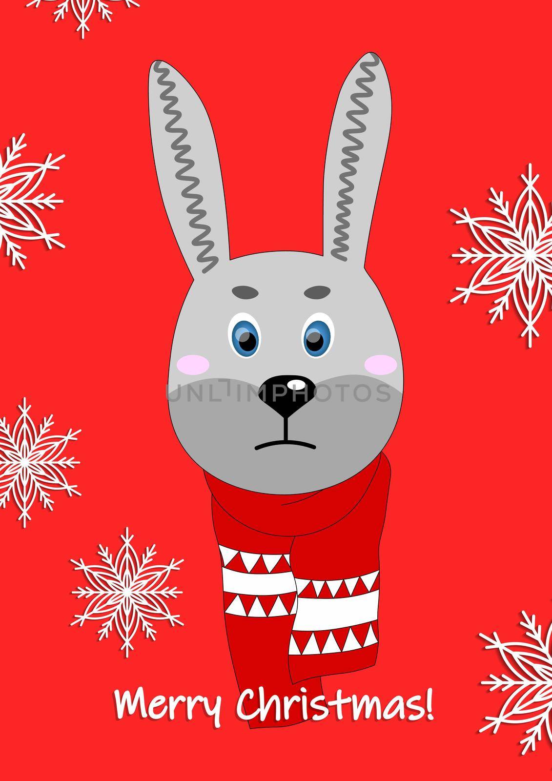 Merry Christmas, holiday, celebration greeting and invitation card, banner, frame, header, postcard. Layout template. Cartoon flat illustration with cute hare face in a winter scarf.