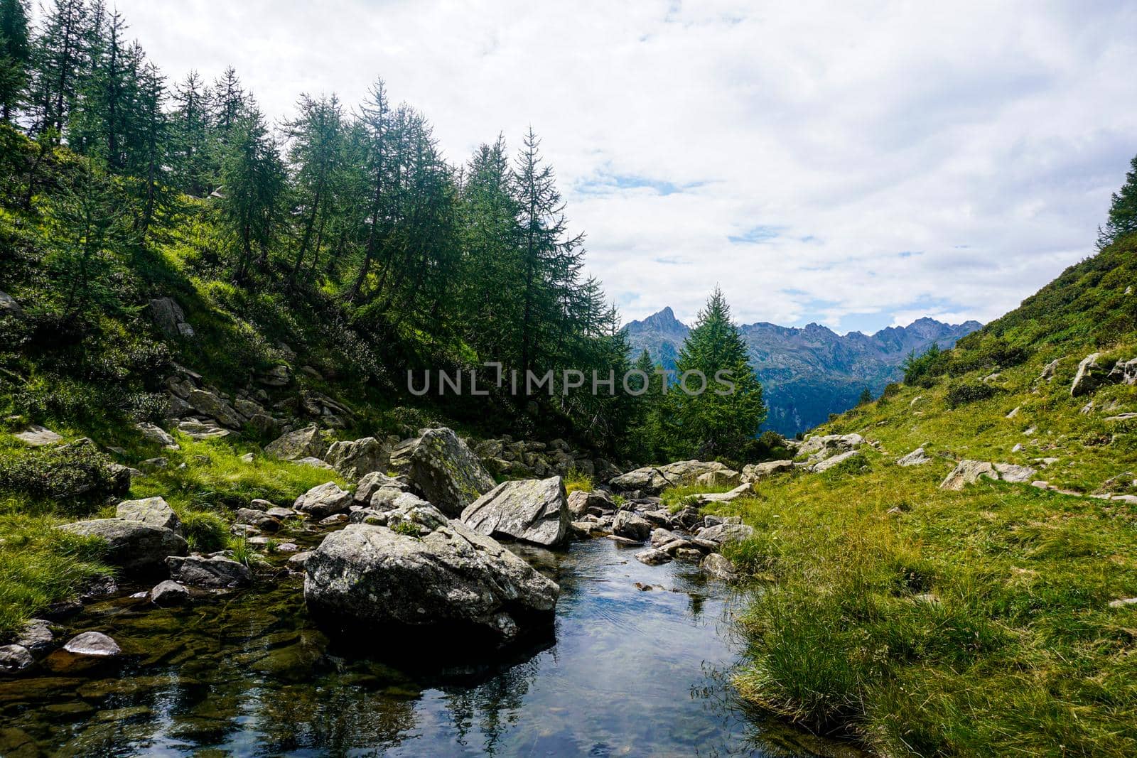 The small lake that feeds the Ri di Mognola waterfall in Switzerland