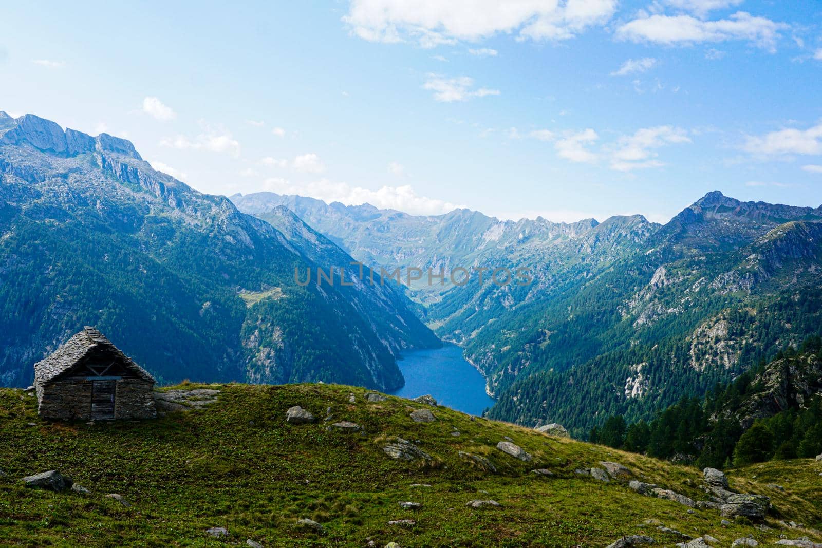 Corte di Mezzo & Lago del Sambuco within dramatic landscape of Val Lavizzara, Ticino, Switzerland
