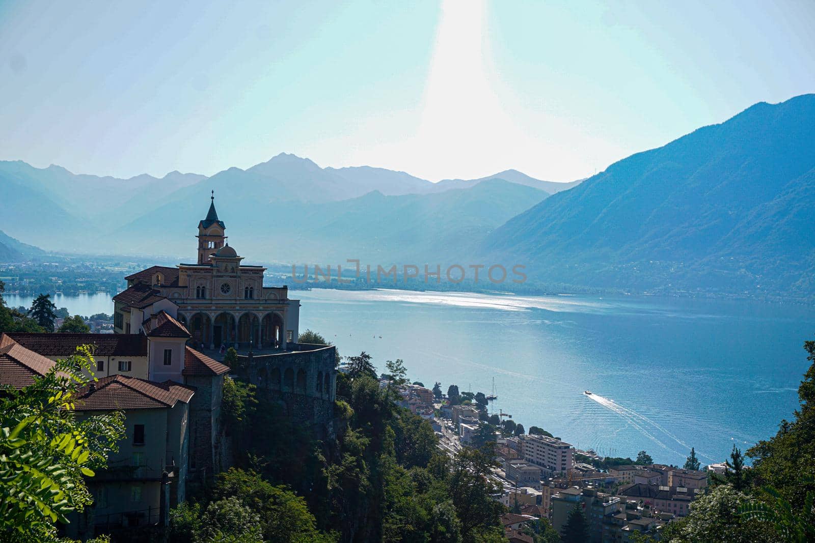 Close-up of Santuario della Madonna del Sasso and Lago Maggiore by pisces2386