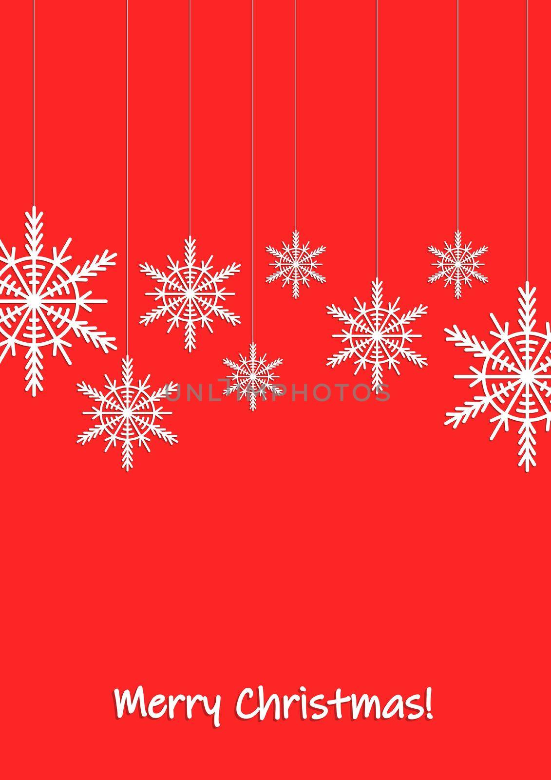 Merry Christmas, holiday, celebration greeting and invitation card, banner, frame, header, postcard. Layout template. White snowflakes on red background. Winter cartoon flat illustration. Copy space.