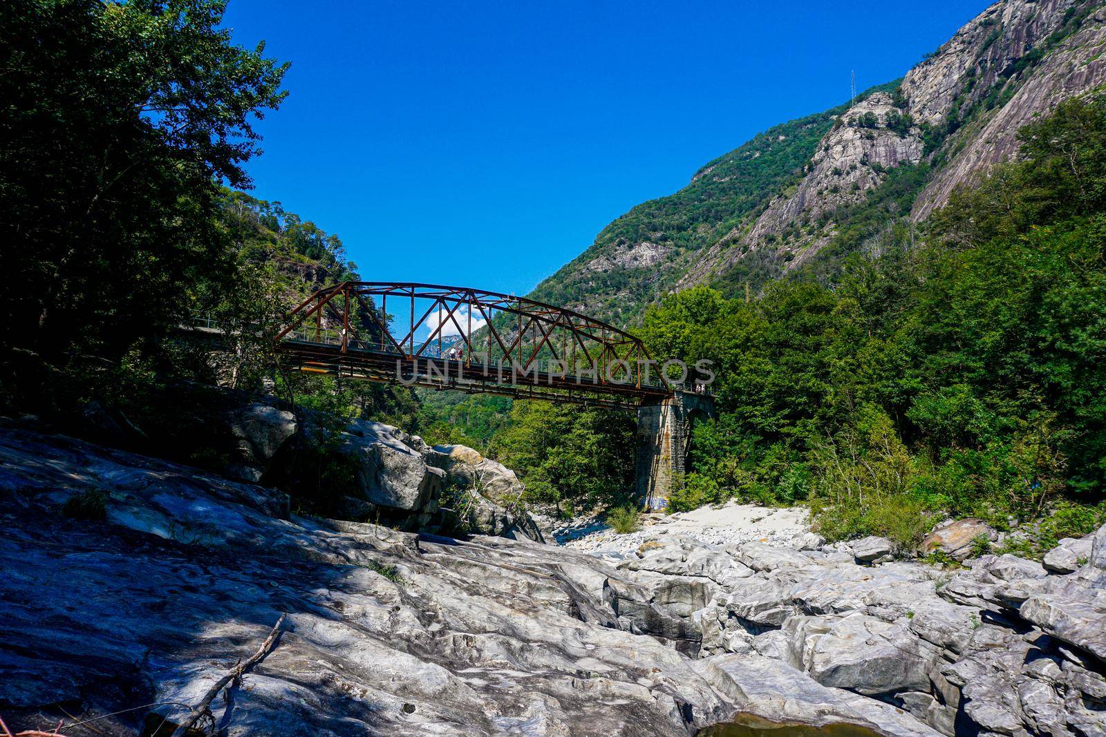 Bridge over the Maggia river shot from the riverbed