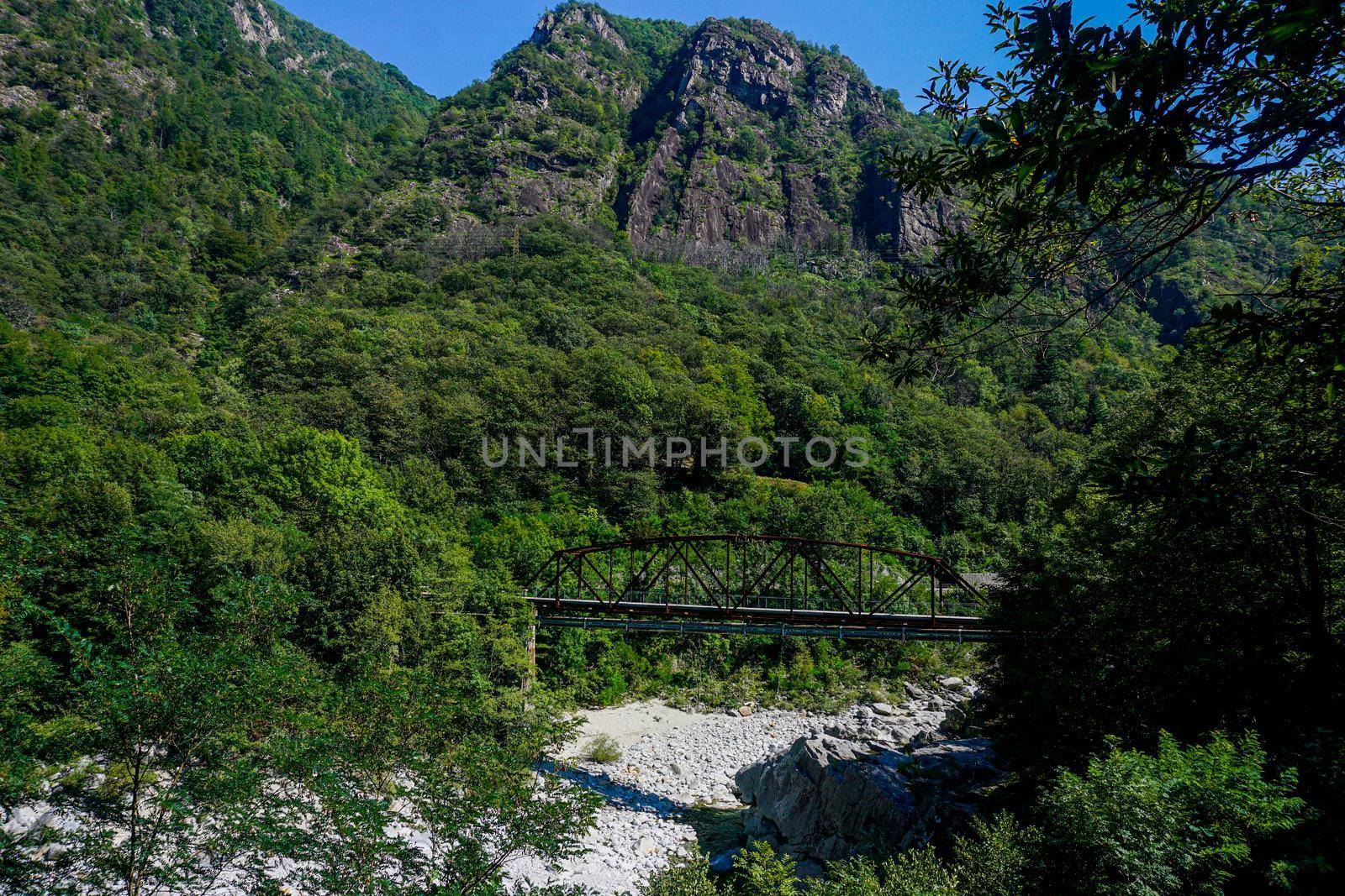 View on the rusty bridge over the Orrido di Ponte Brolla, Ticino, Switzerland