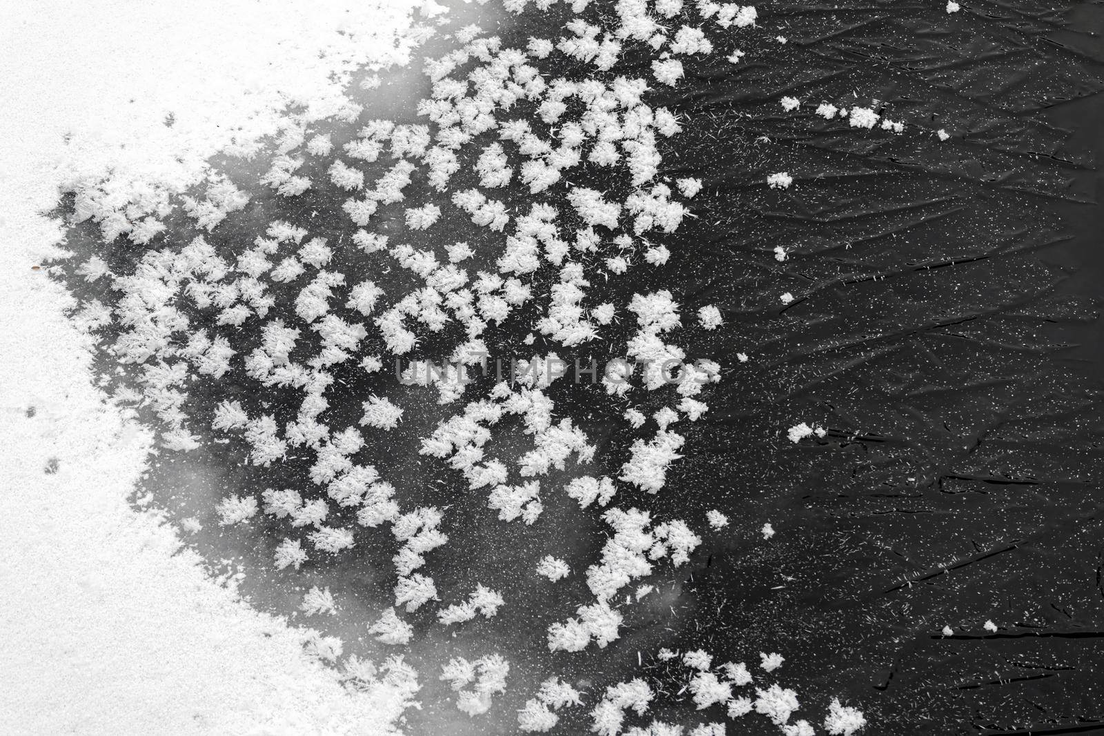 patterns of snow on the frozen water of the river. High quality photo
