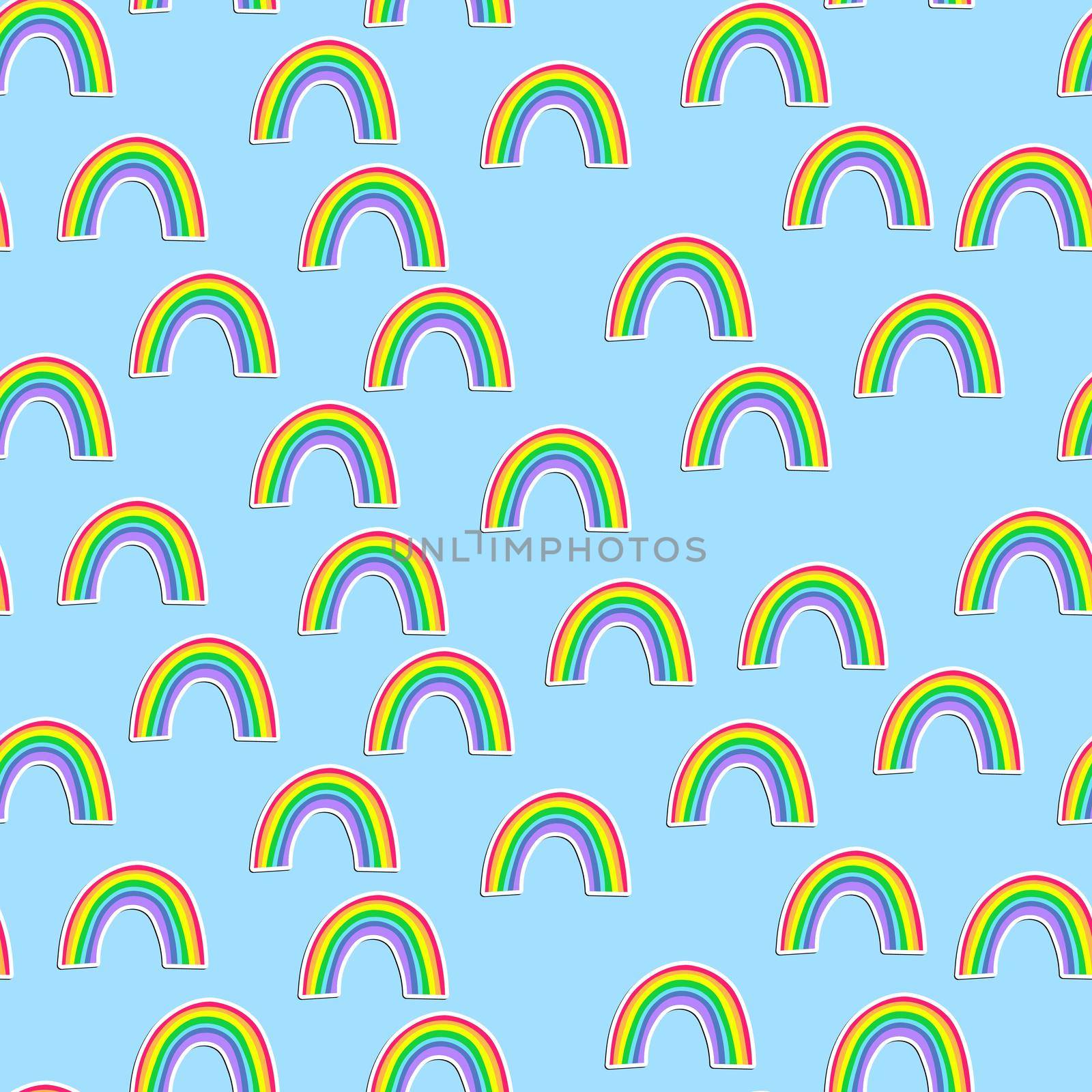 Fashion seamless pattern with colorful rainbow on blue background. Design for invitation, poster, card, fabric, textile, fabric. Cute holiday illustration for baby. Doodle style