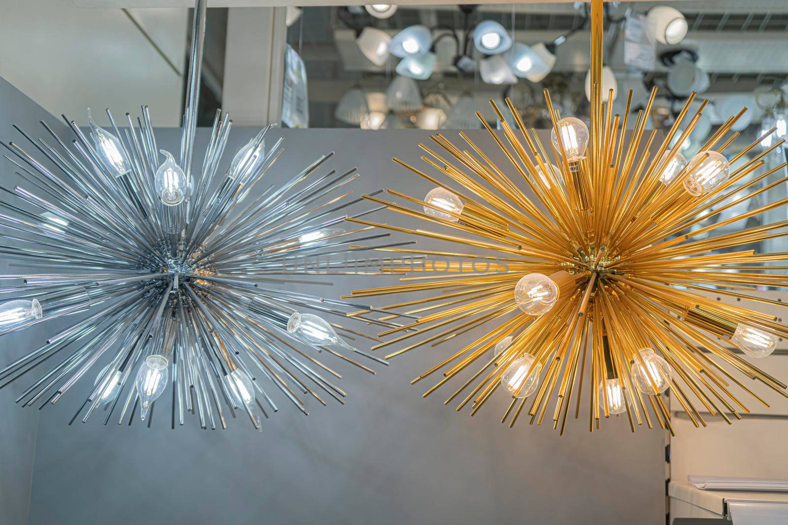 lamps chandeliers on the shelves of stores. High quality photo