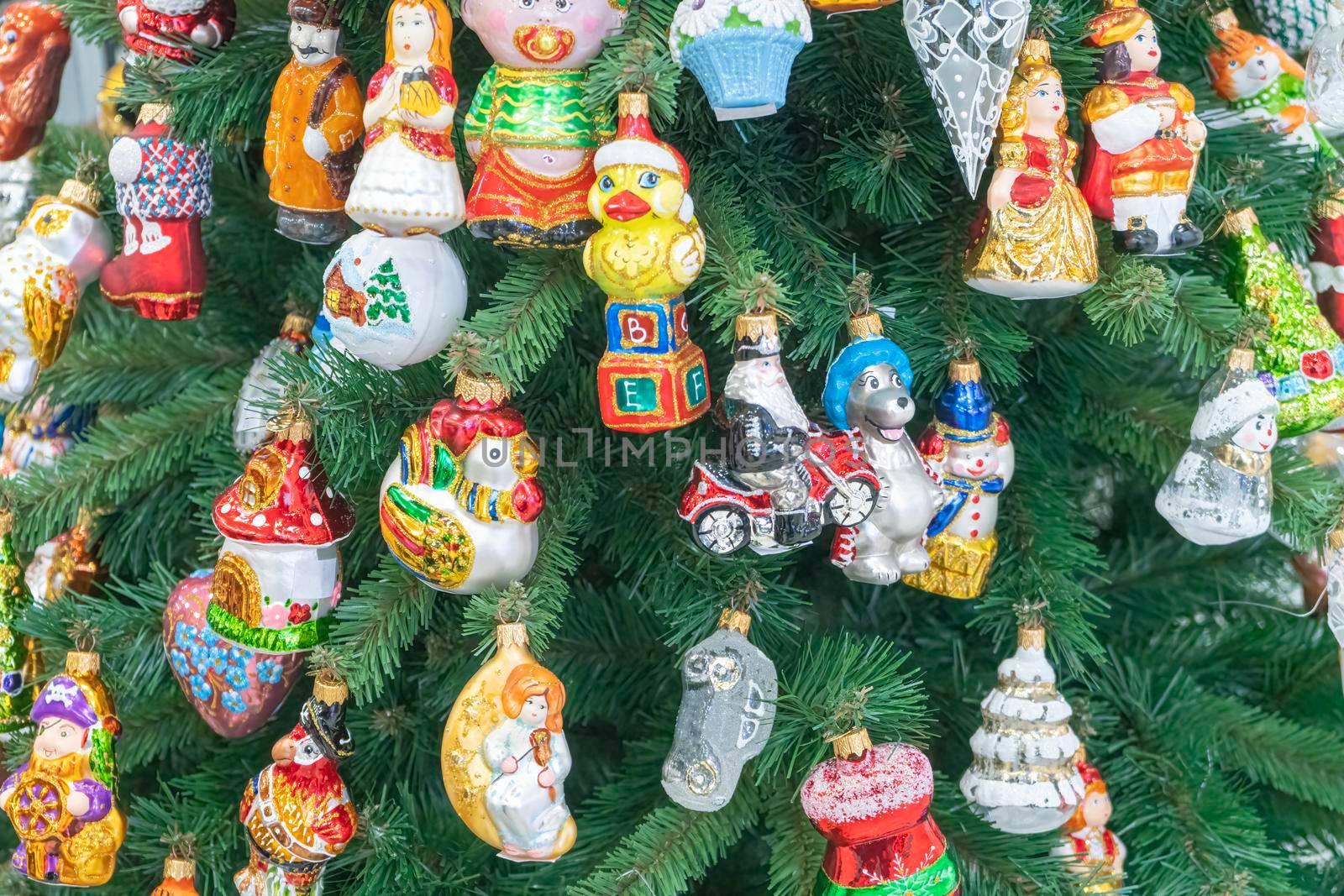 fir branches decorated with christmas toys close up. High quality photo