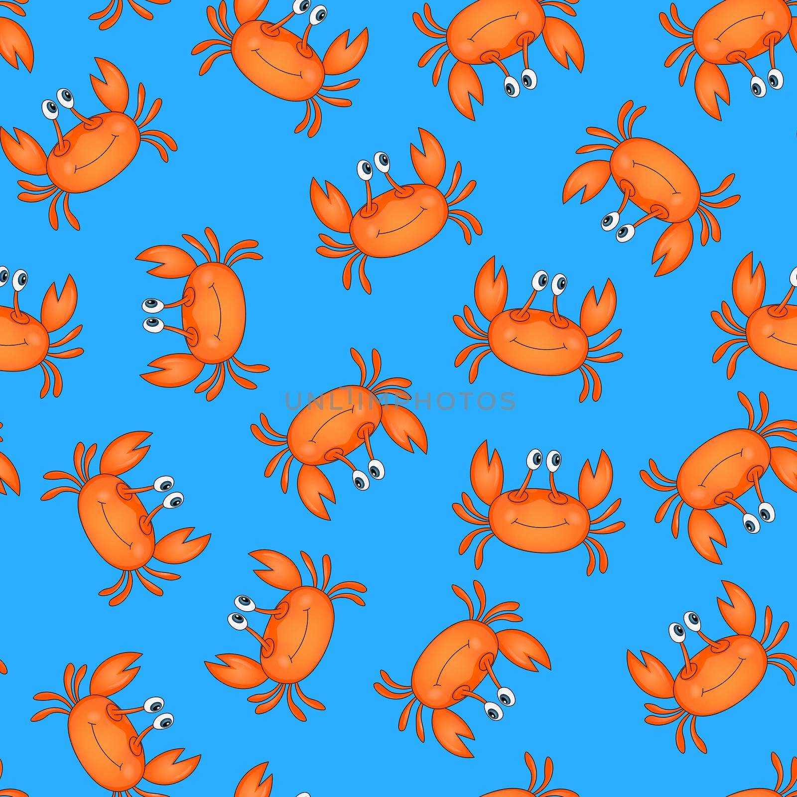 Seamless pattern with cute orange crab on blue background. Vector animals colorful illustration. Adorable character for cards, wallpaper, textile, fabric, kindergarten. Cartoon style