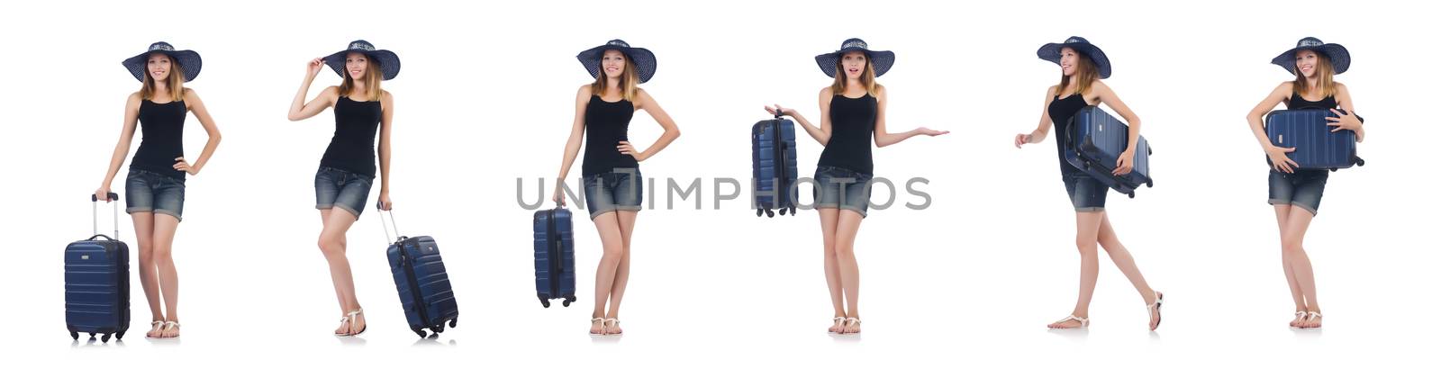 Girl with suitcases isolated on white