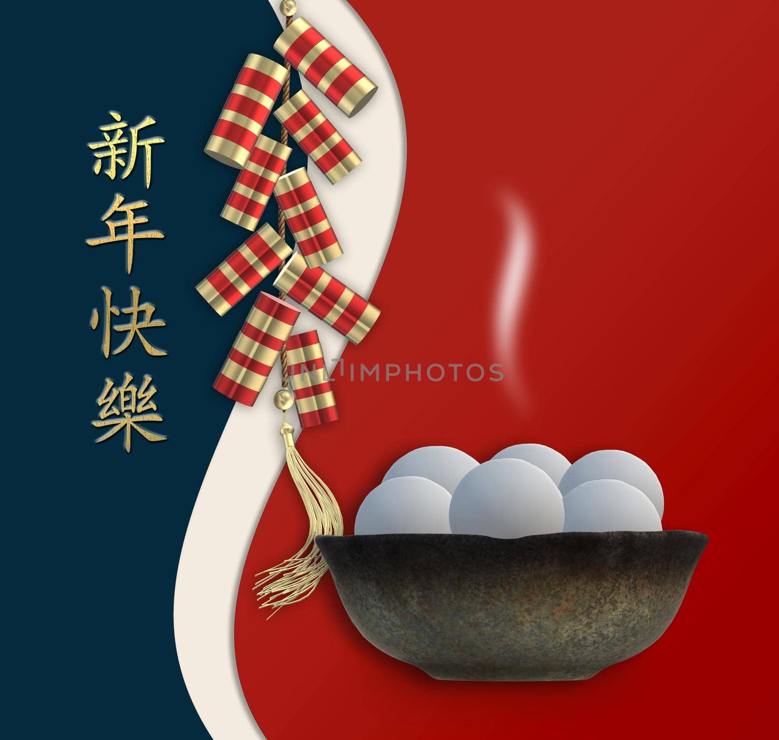 Chinese Lantern Festival. Chinese New Year Food dumplings in bowl, Asian crackers. Template for Chinese New Year Lantern festival celebration. Copy space, mock up. 3D illustration
