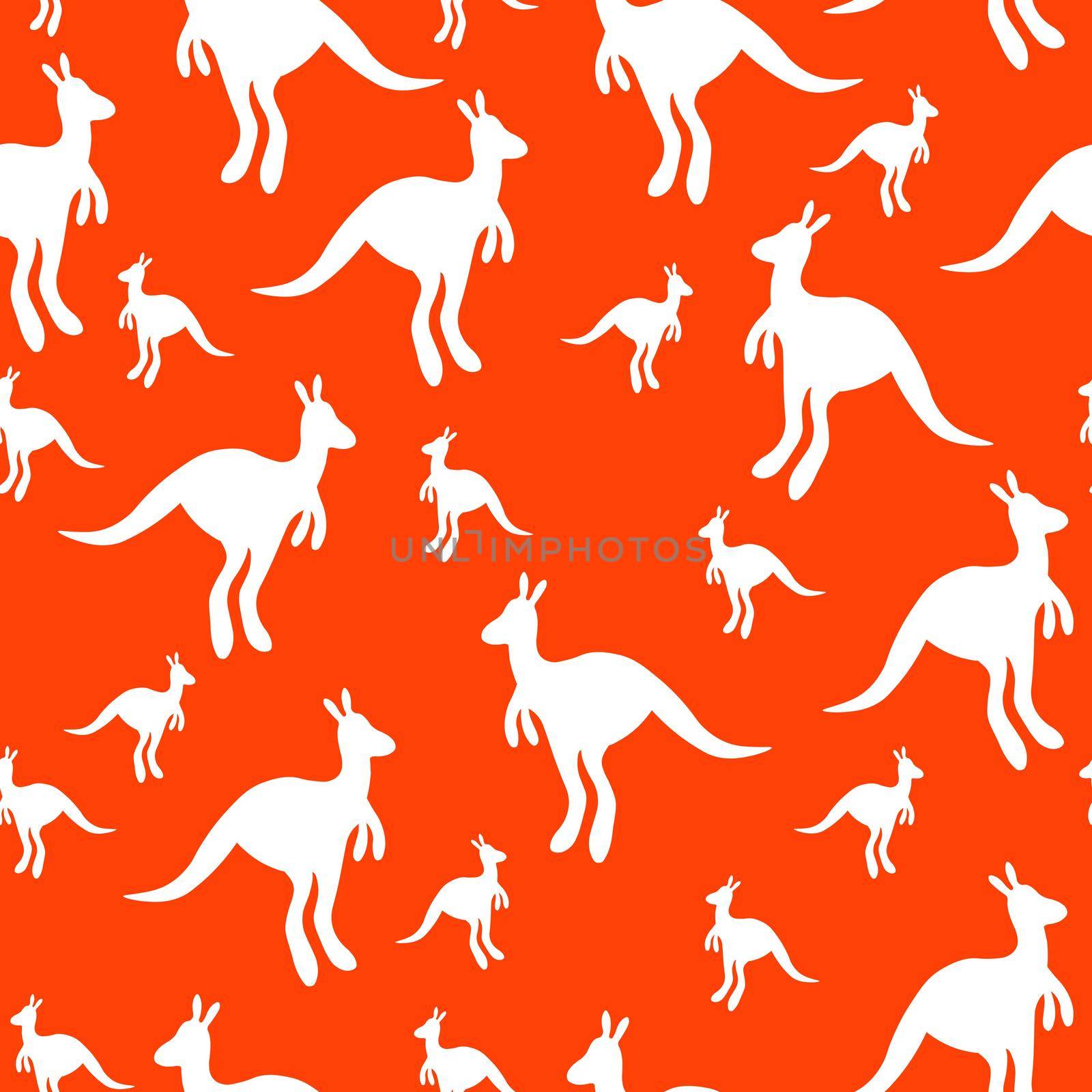 Vector flat illustration with silhouette kangaroo and baby kangaroo on fiery background.Seamless pattern on orange background. Design for card, poster, fabric, textile. Pray for Australia and animals. by allaku