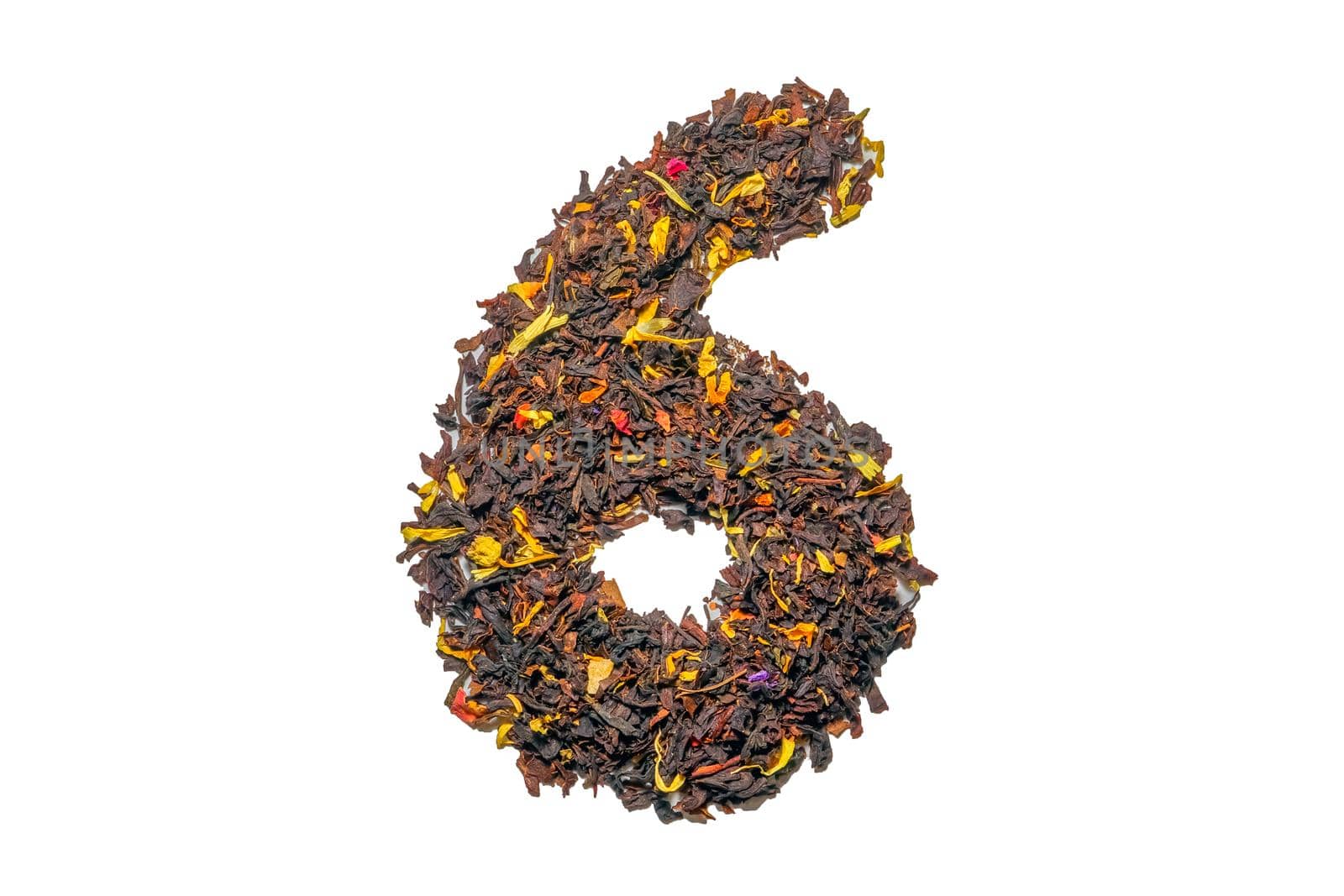 figure six of black tea with flower petals and pieces of fruit isolate. High quality photo
