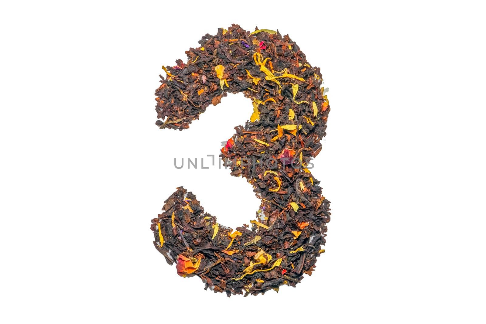 figure three of black tea with flower petals and pieces of fruit isolate. High quality photo