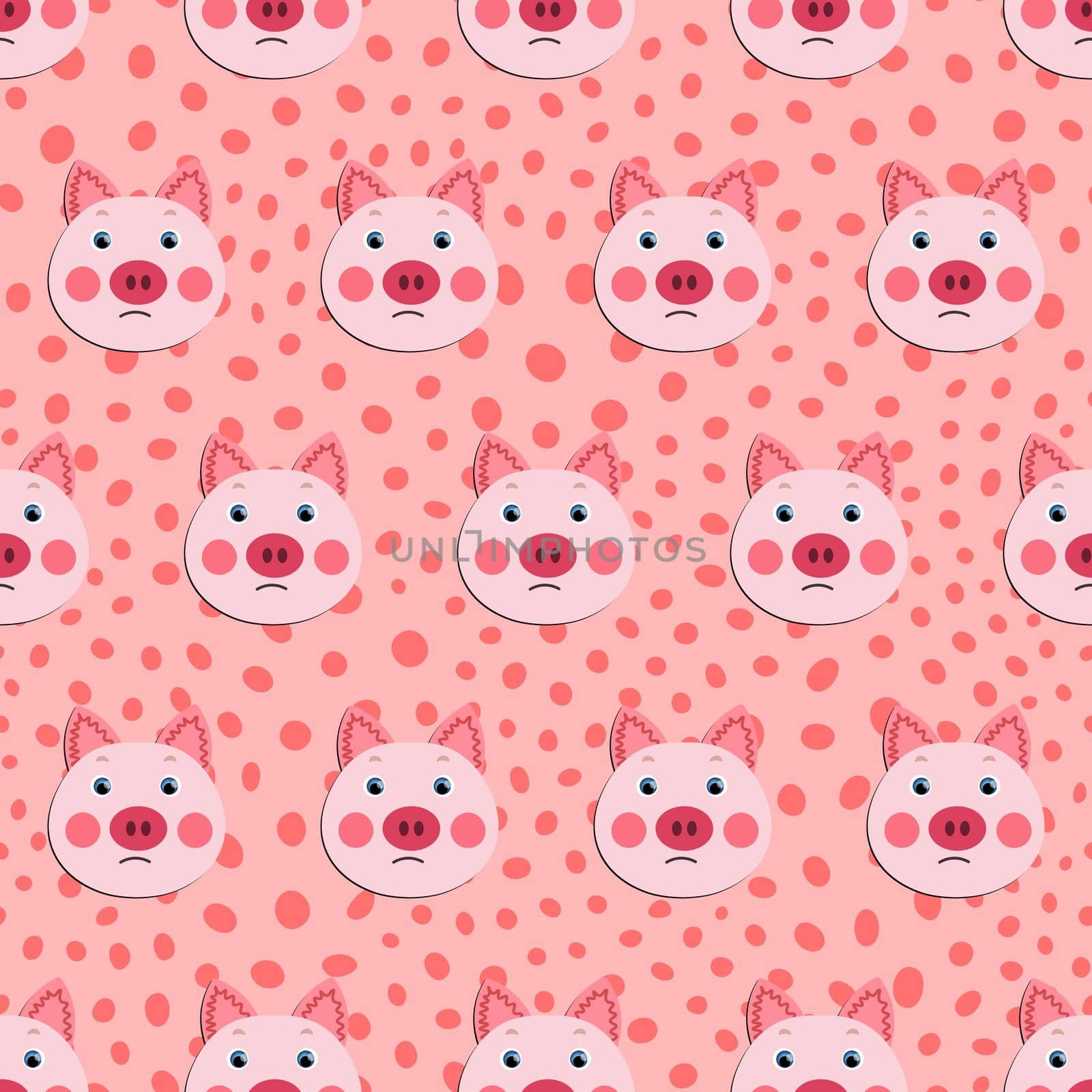 Vector flat animals colorful illustration for kids. Seamless pattern with cute pig face on pink polka dots background. Adorable cartoon character. Design for textures, card, poster, fabric, textile by allaku