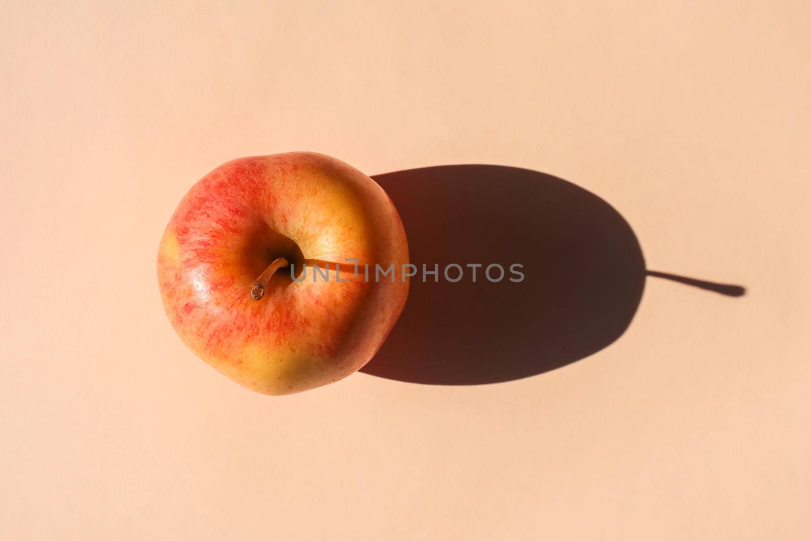 an Apple with a hard shadow on a plain background. the view from the top. blank for the pattern. High quality photo
