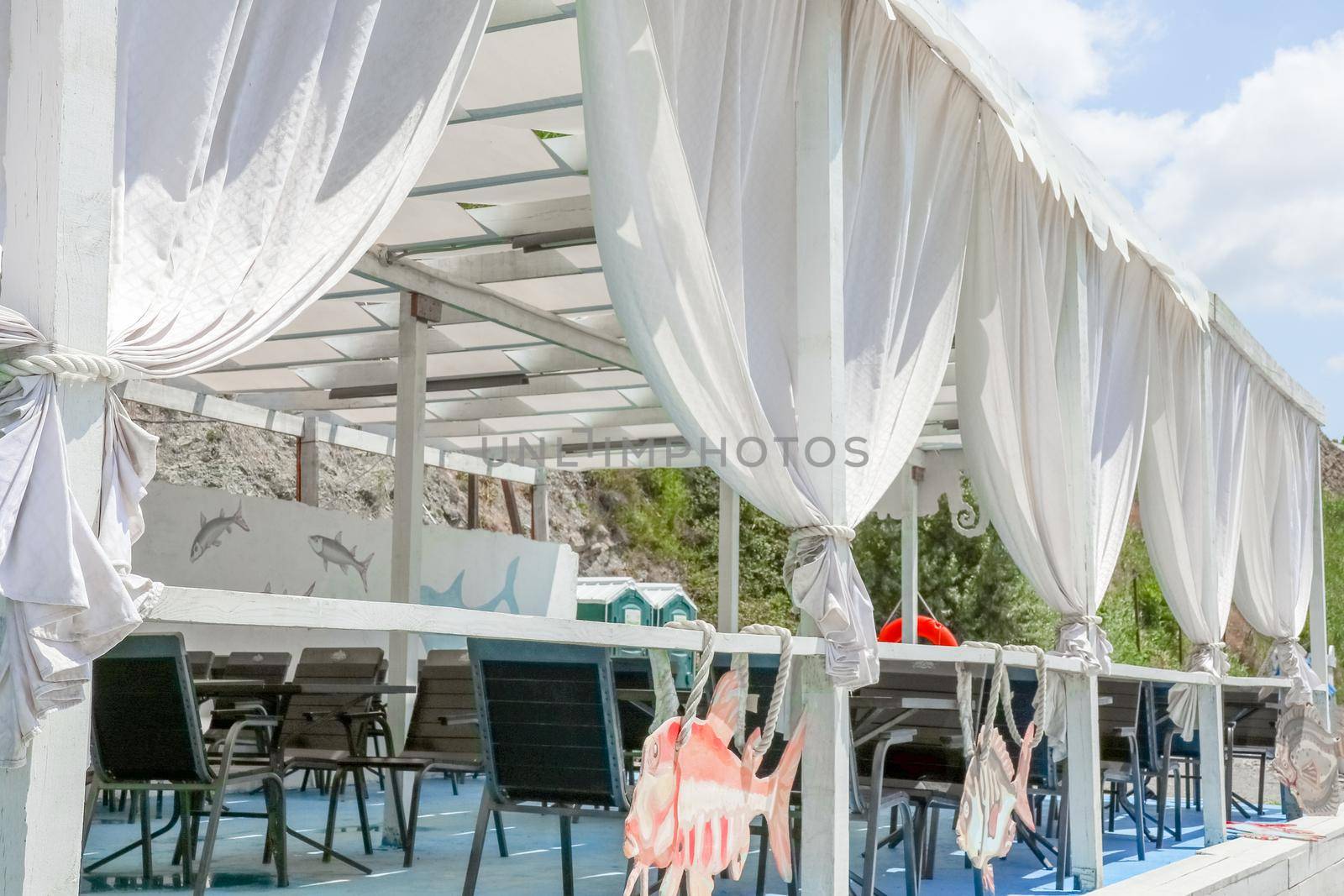 open cafe on the beach without people. High quality photo