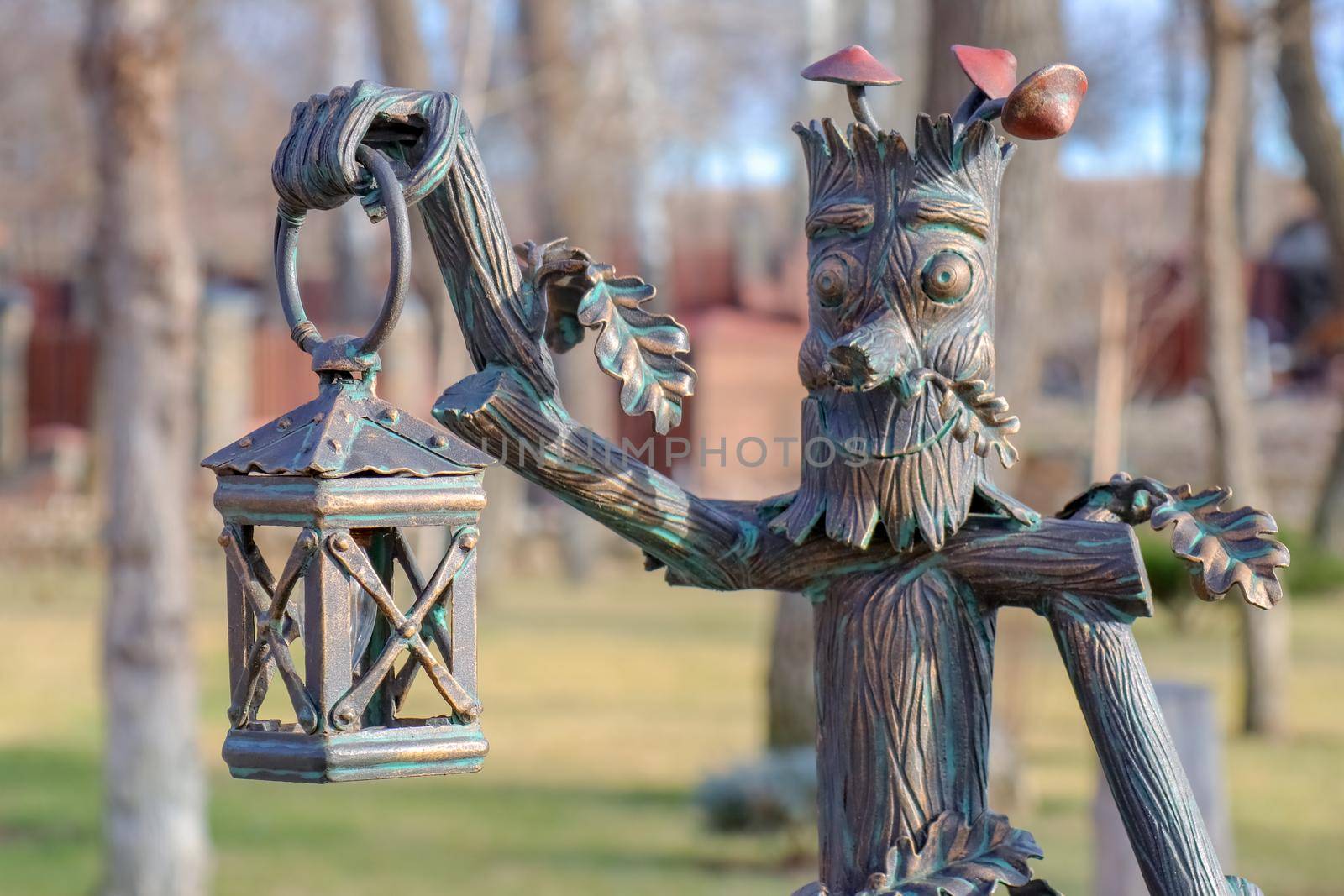 close-up of an iron woodcutter with a lantern. High quality photo