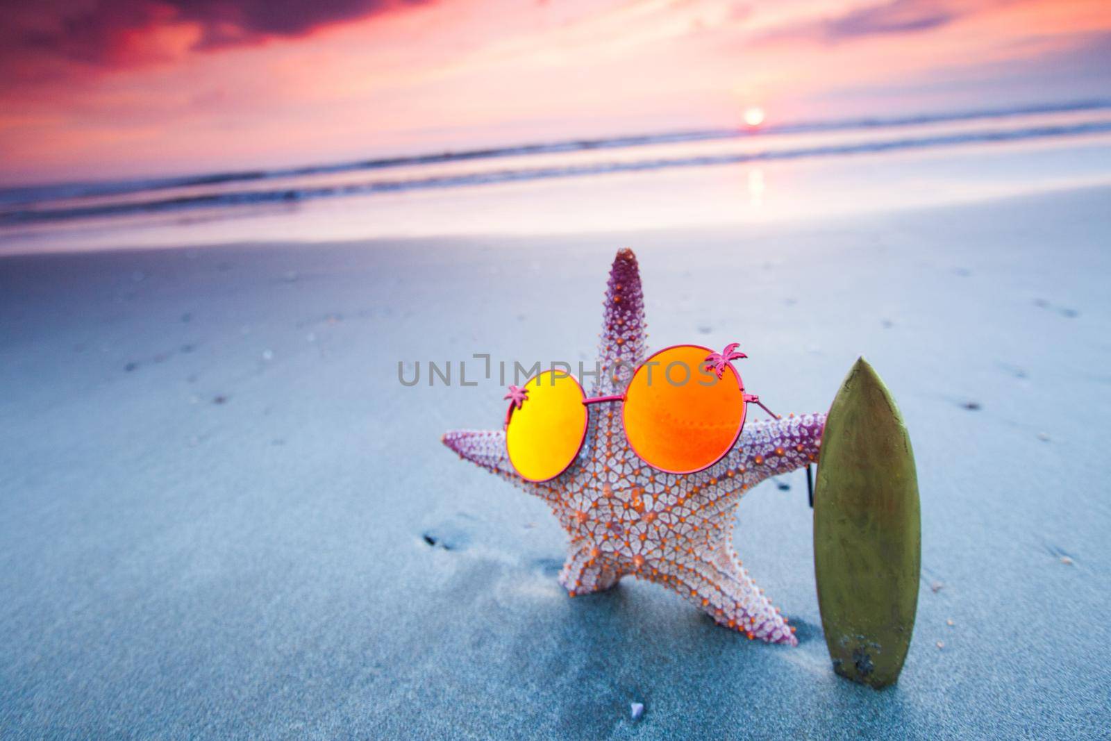 Starfish surfer on sea beach and beautiful sunset on Bali