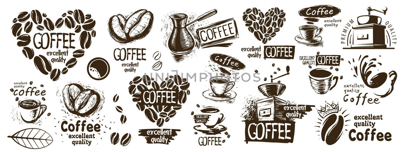 Large vector set of drawn logos and coffee elements by butenkow