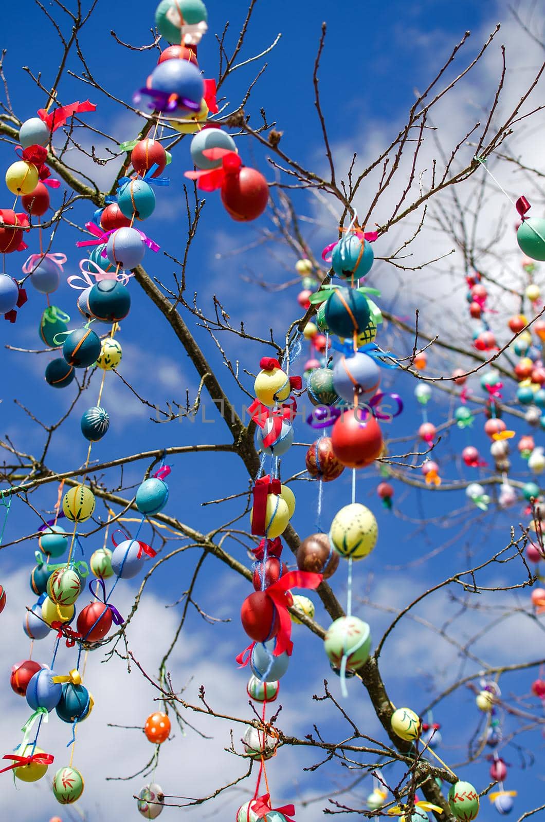 Many colorful easter eggs on the tree. A lot of Easter eggs decorated on tree. by KajaNi