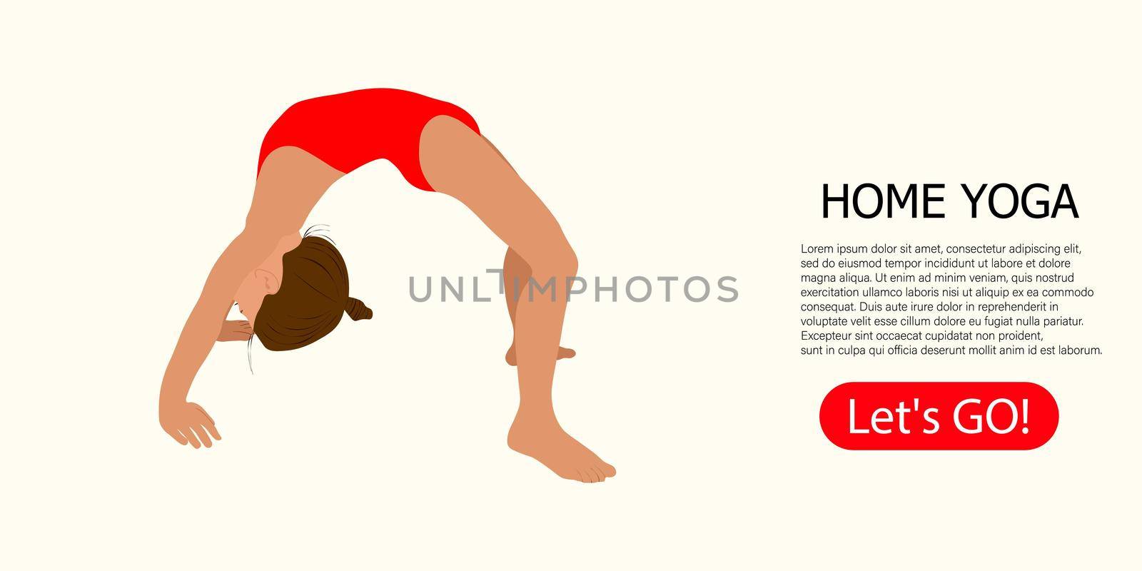 Concept of home sport, online lessons, training, yoga studio. Sporty Young girl gymnast does yoga, sport athlete. Training performance strength gymnastics. Fitness Women for landing page, banner, add
