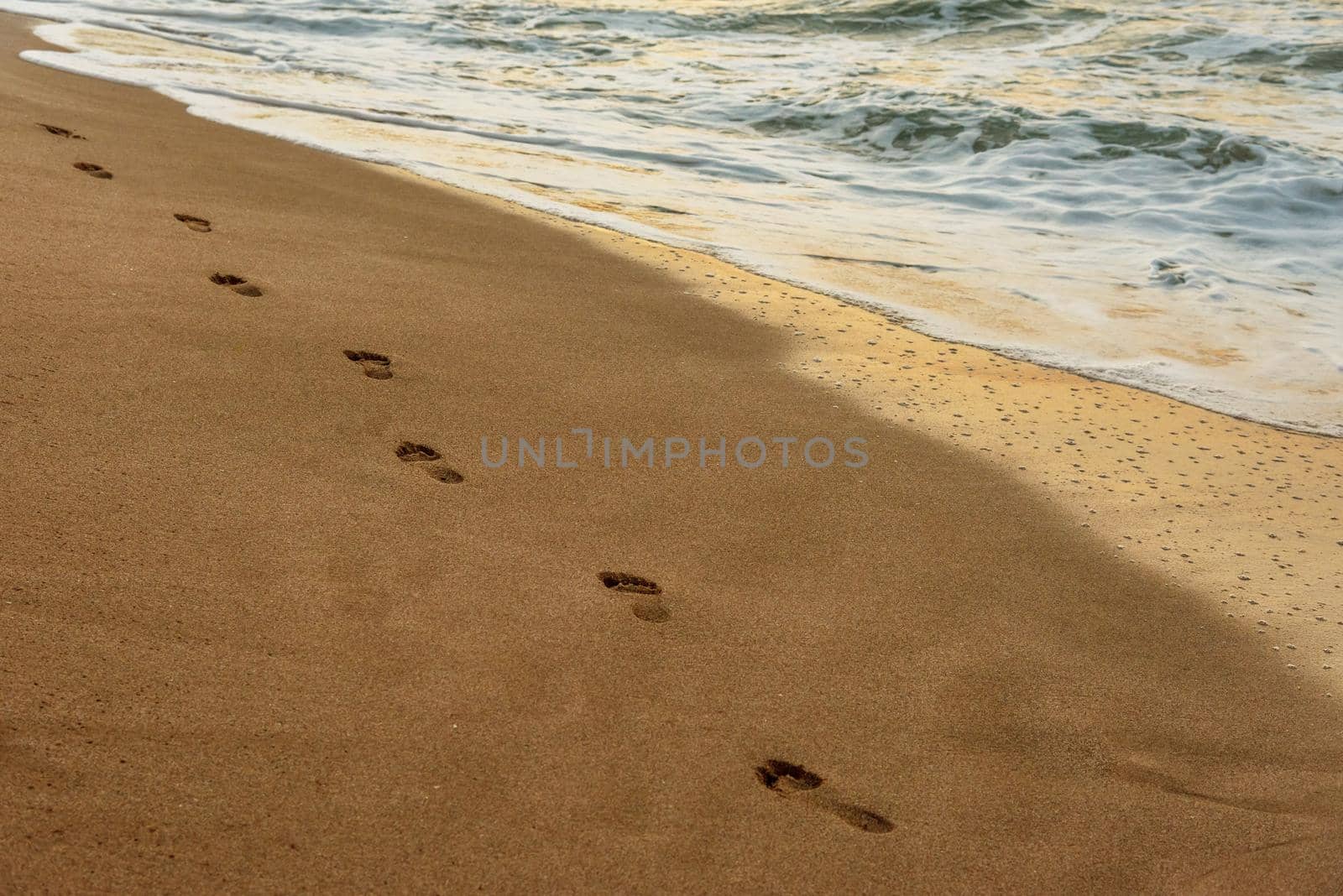 beach, wave and footsteps at sunset time in summer