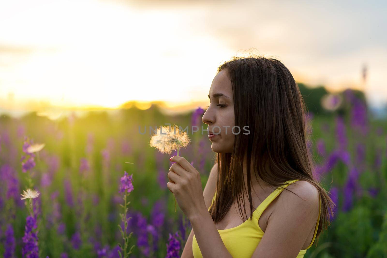 beautiful girl in yellow dress  standing in a field of lupine flowers