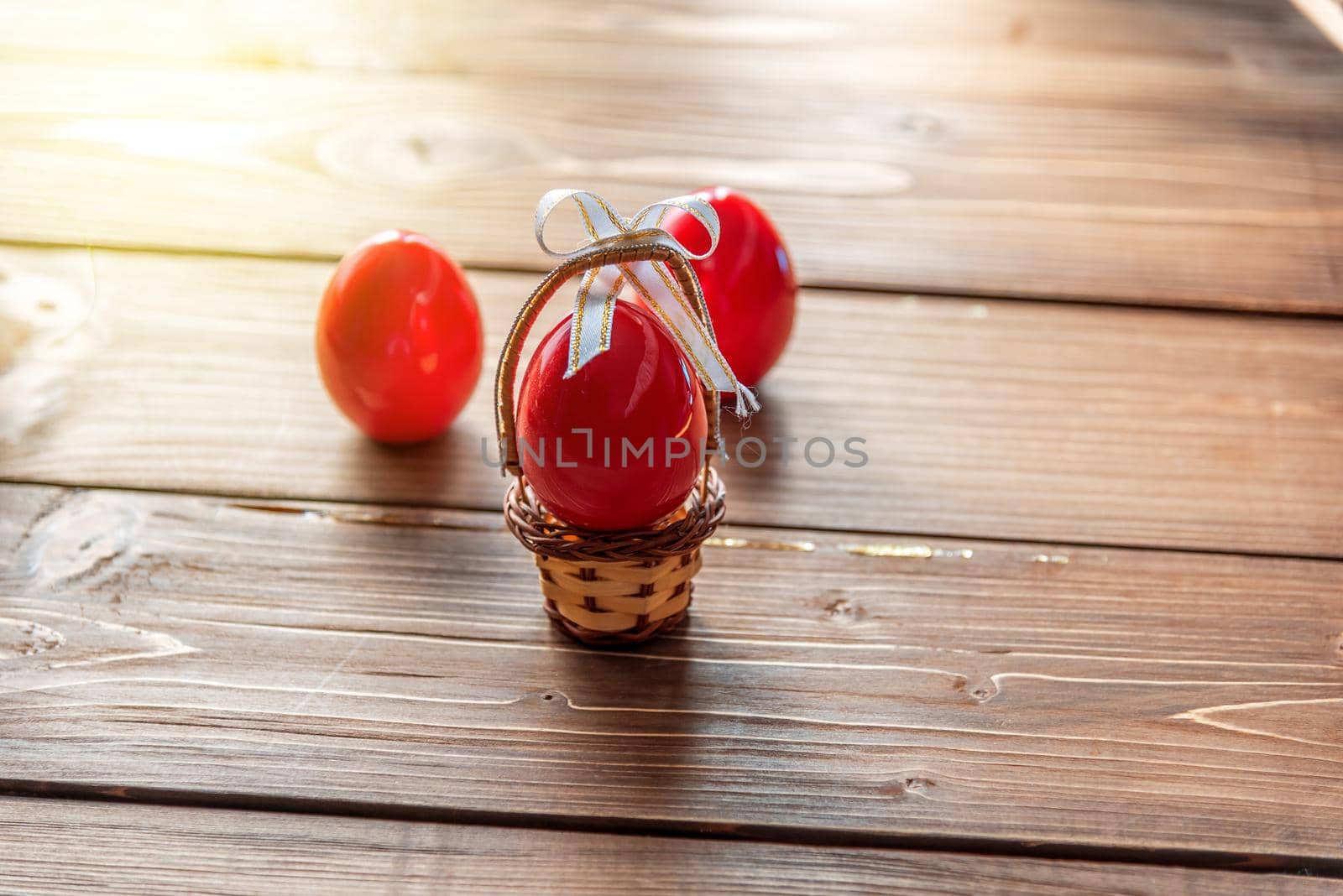 Easter eggs on a wooden background and beautiful day