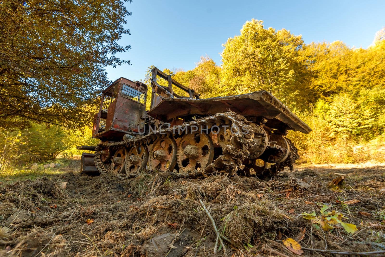 old machine snowcat.Ratrak in autumn.