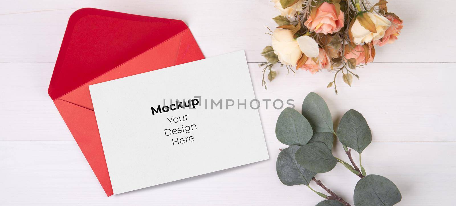 Valentine day, greeting card mockup size a5 and letter and flower on wooden table, postcard blank and letter with romance on desk, present in anniversary and celebration, top view, holiday concept. by nnudoo