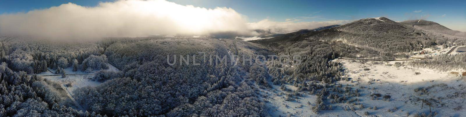 Aerial view of the Bulgarian mountains during the winter. Panorama.
