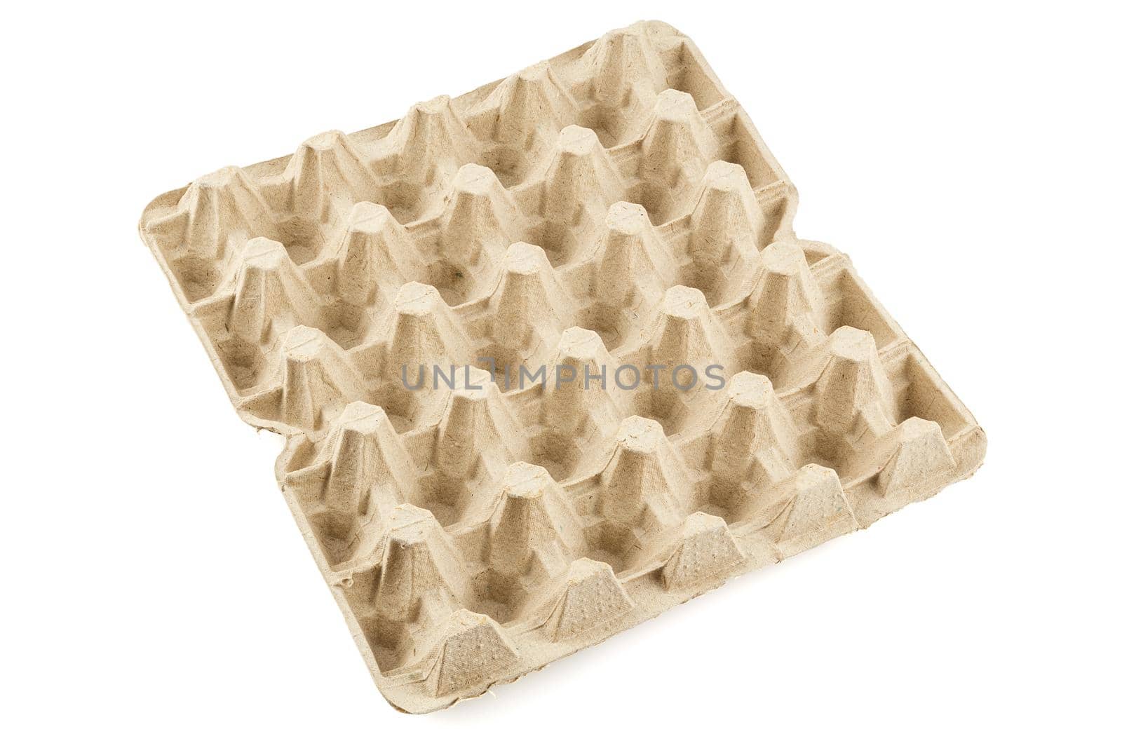 empty formed cardboard egg tray - closeup with edge-to-edge sharpness, isolated on white background in diagonal orientation