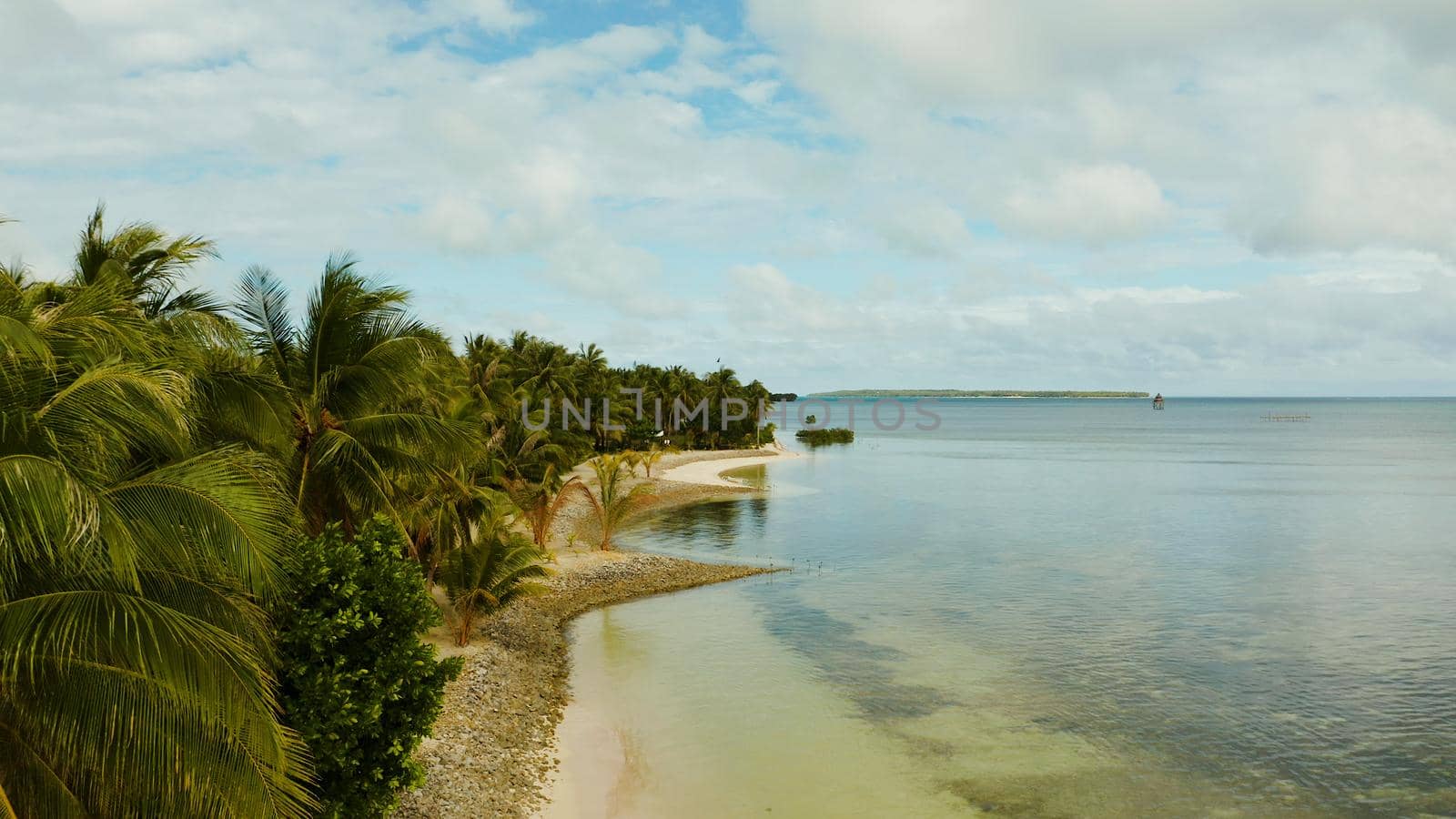 Tropical sandy beach with palm trees and blue water, aerial view. Summer and travel vacation concept. Siargao,Philippines.