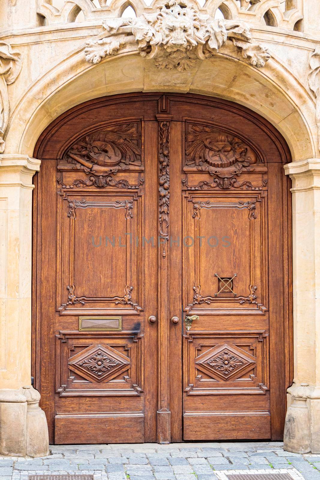 Light brown, antique wooden doors with carvings and patterns. Metal handles made of gold. A semicircular vault. Entrance to the house.