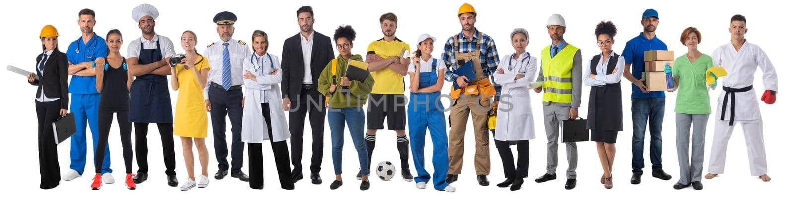 Full length portrait of group of people representing diverse professions of business, medicine, construction industry