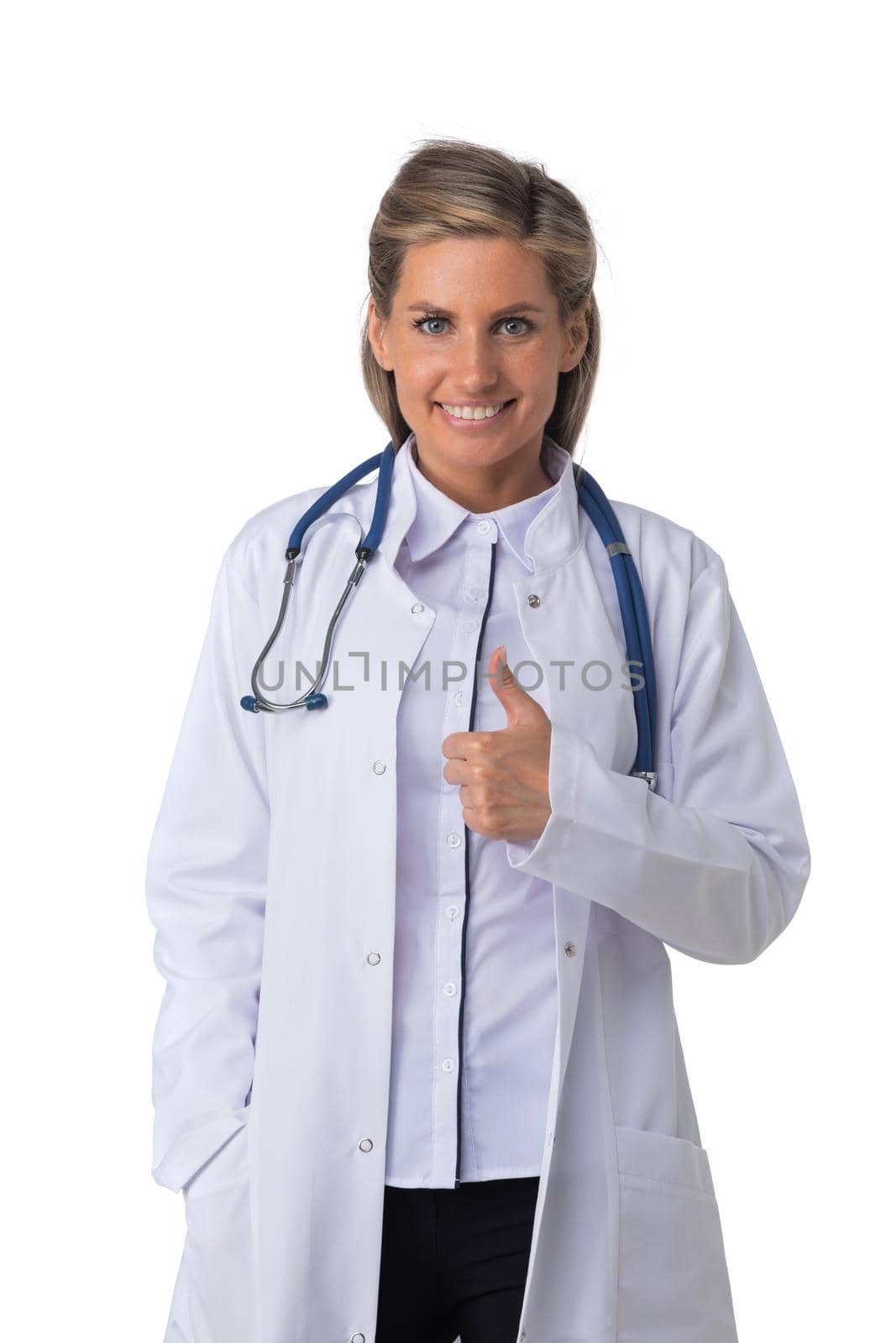 Portrait of female medical doctor with stethoscope standing and smiling isolated on white background
