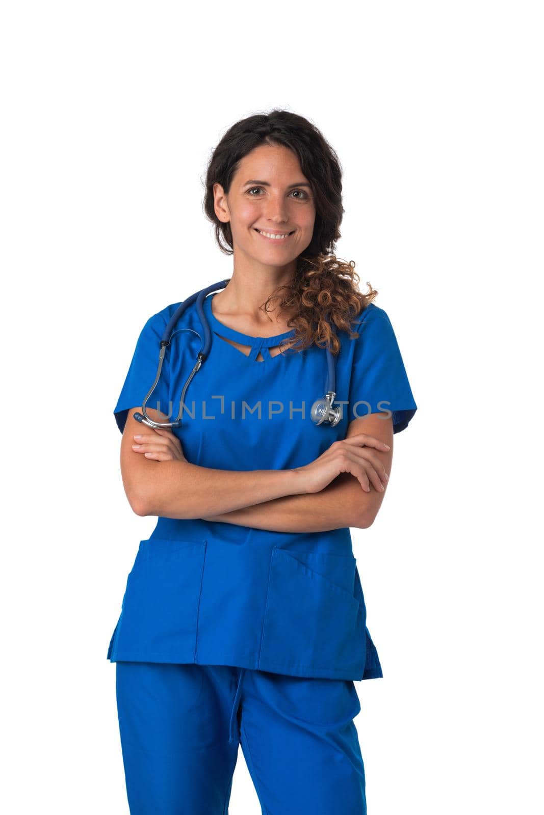 Portrait of happy smiling female nurse in blue uniform with stethoscope isolated on white background