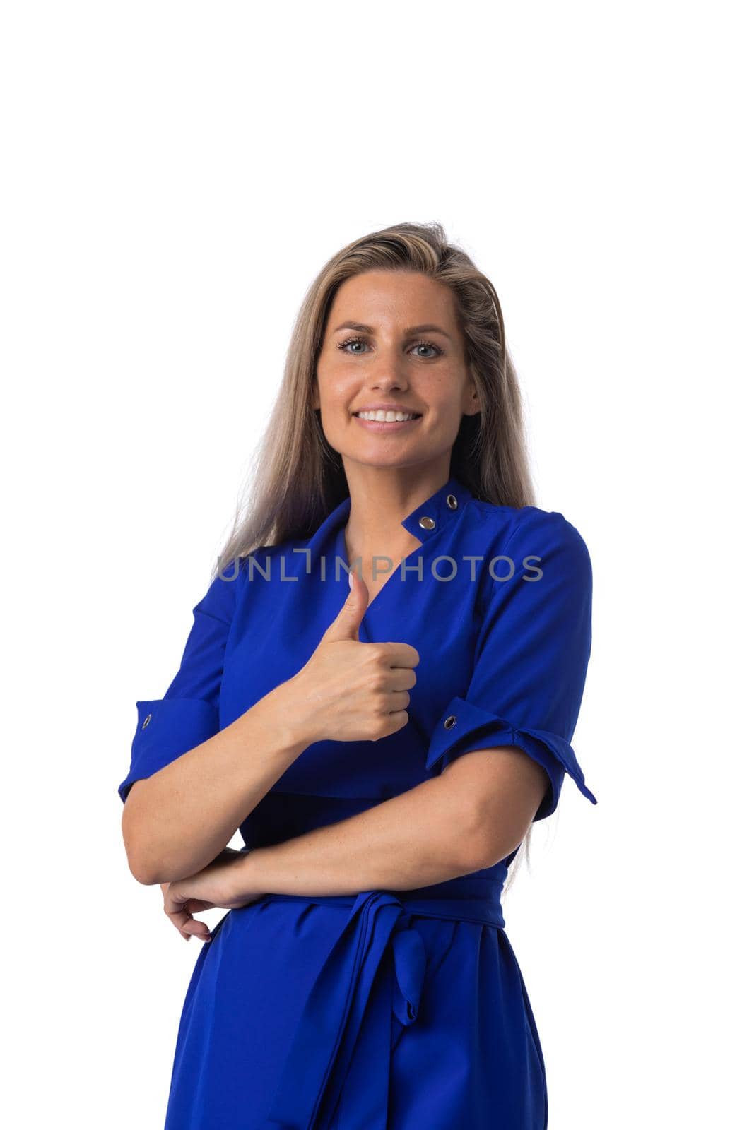 Portrait of surprised excited smile woman with thumb up , winner isolated on white background