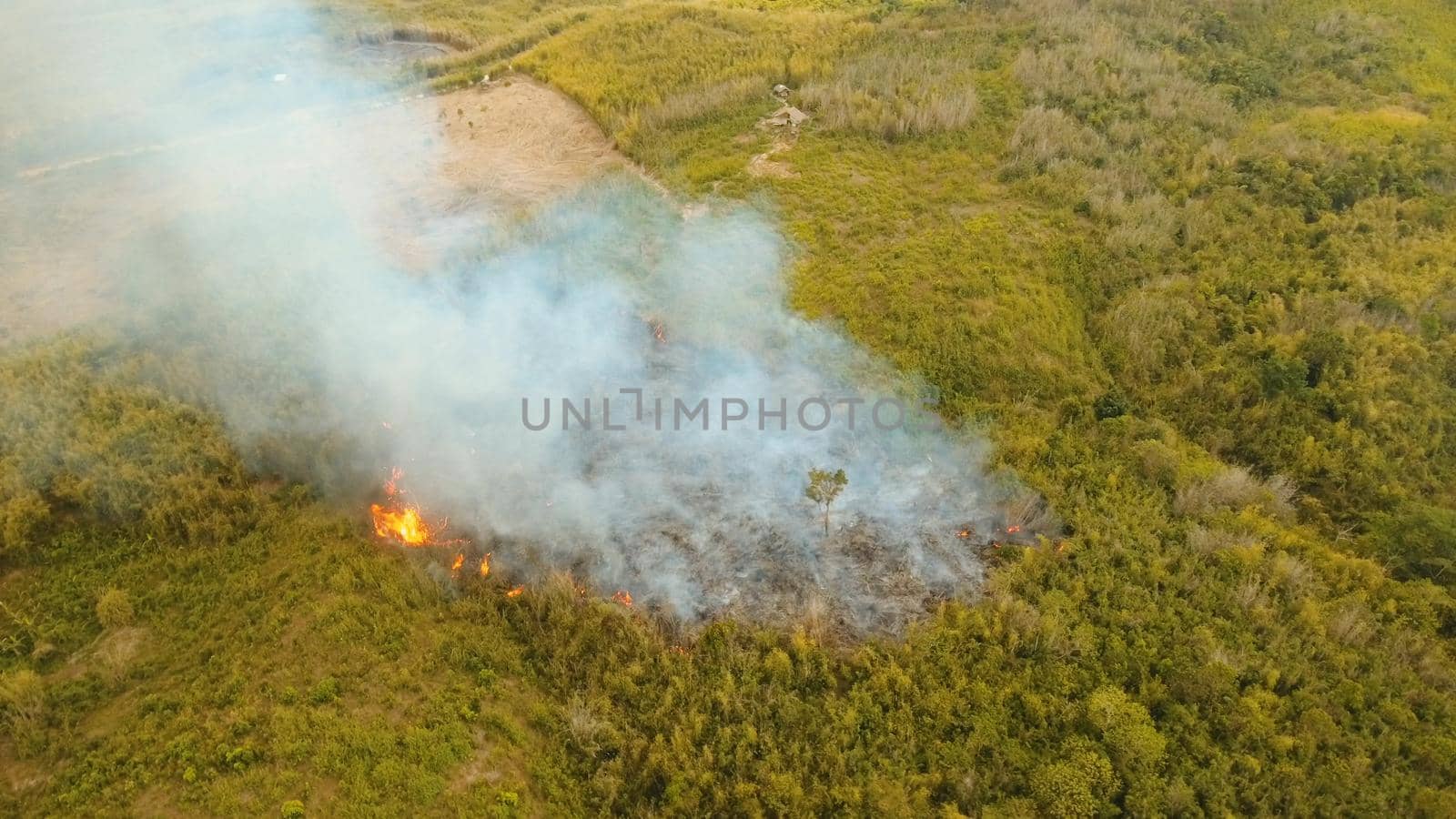 Aerial view forest fire on the slopes of hills and mountains. Forest and tropical jungle deforestation for human food farming and export. large flames from forest fire. Using fire to destroy natural habitat and causing large scale environmental damage in Asia. Coron, Philippines,Palawan, Busuanga.