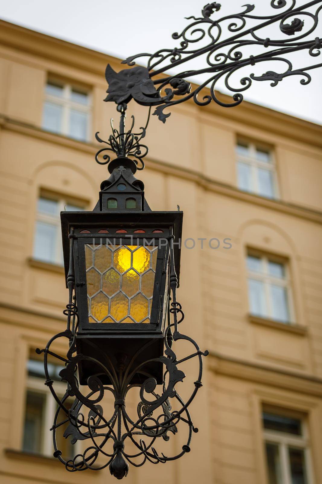 Luxurious antique street lamp made of black metal. Refined style, forging.