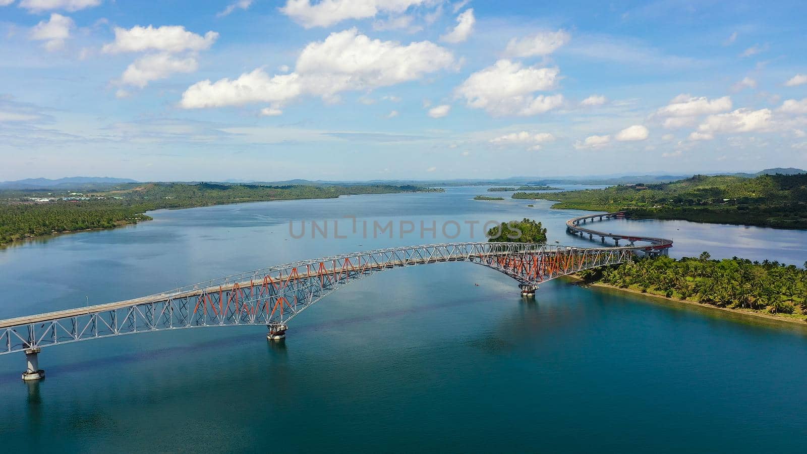 Panoramic view of the San Juanico bridge, the longest bridge in the country. It connects the Samar and Leyte islands in the Visayas region. Landscape with a large bridge over the strait.