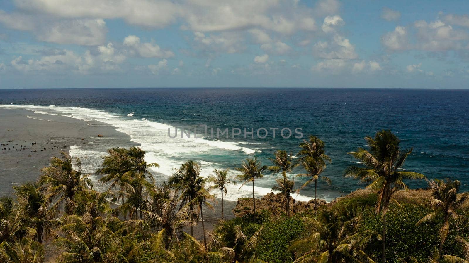 Travel concept: Coast of a tropical island with palm trees and ocean waves rolling on the beach. Siargao, Philippines.