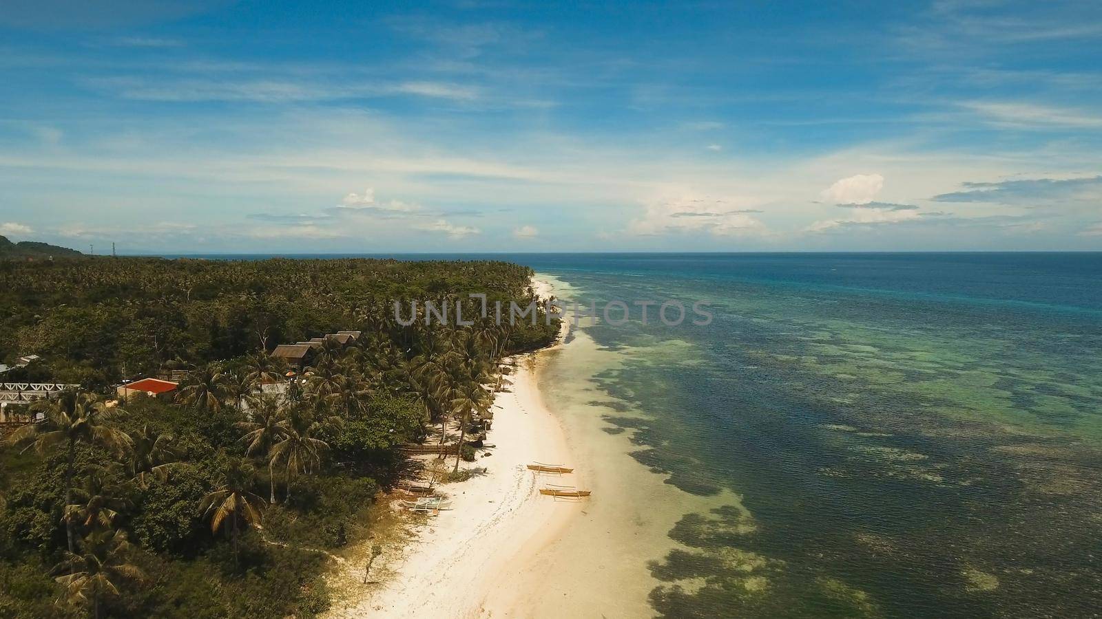 Aerial view of tropical beach on the island Bohol, Anda area, Philippines. Beautiful tropical island with sand beach, palm trees. Tropical landscape: beach with palm trees. Seascape: Ocean, sky, sea. Travel concept.
