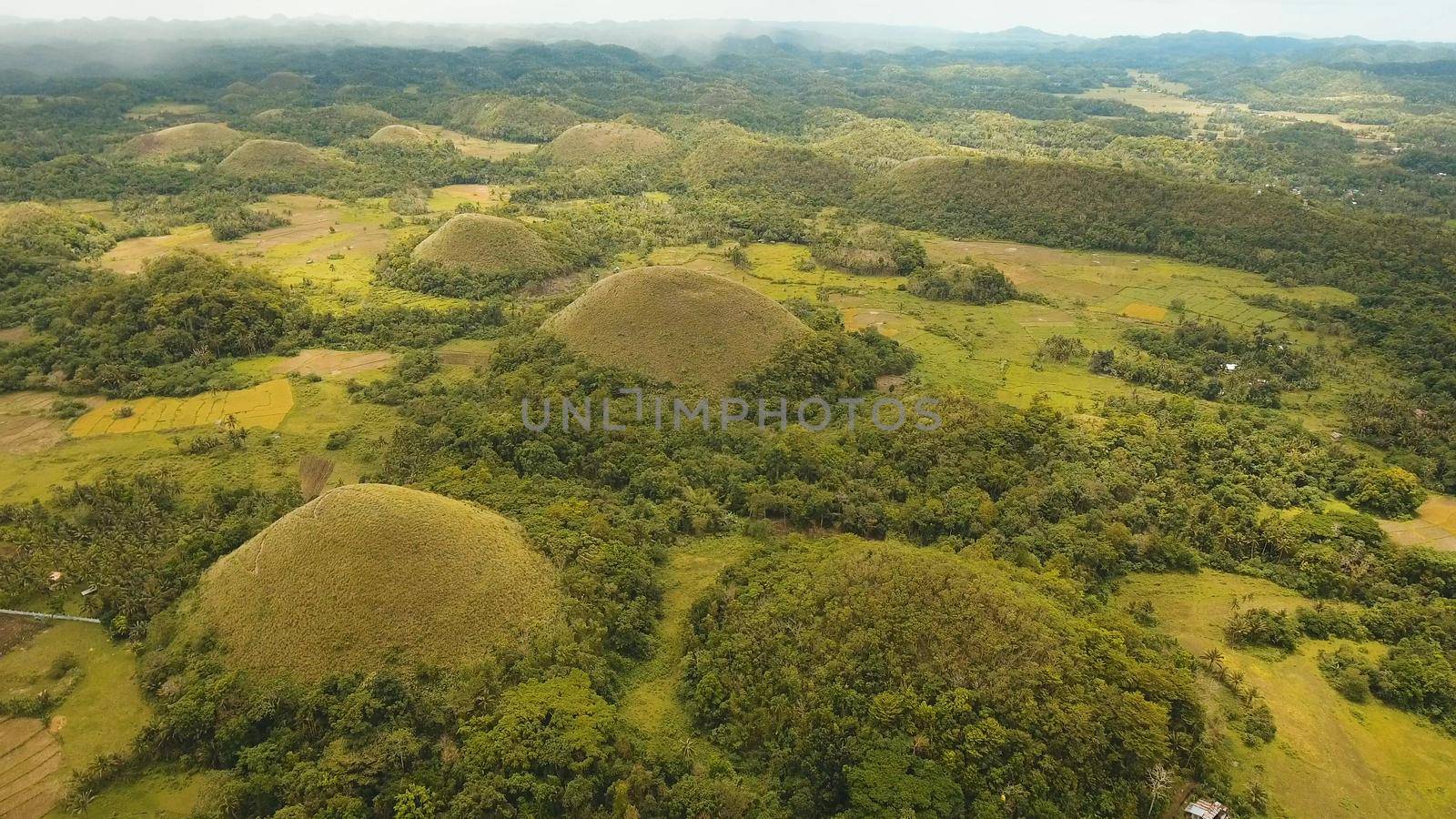 Amazingly shaped Chocolate hills on sunny day on Bohol island, Philippines. Aerial view Chocolate Hills in Bohol, Philippines are earth mounds scattered all over the town of Carmen. Travel concept.